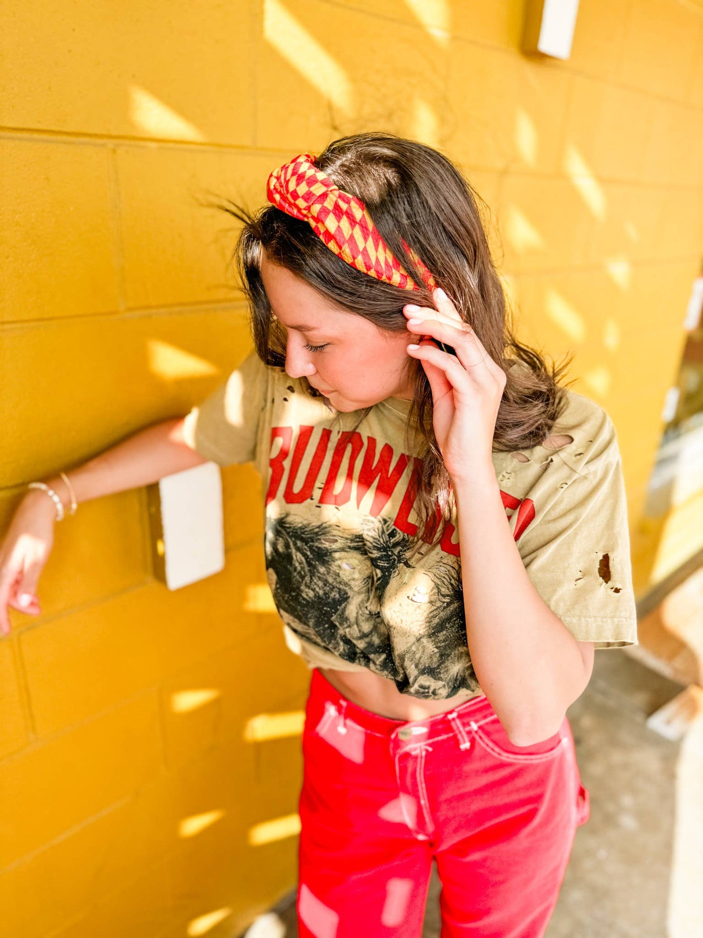 Wavy Checkered Structured Headband | Scarlet/Gold