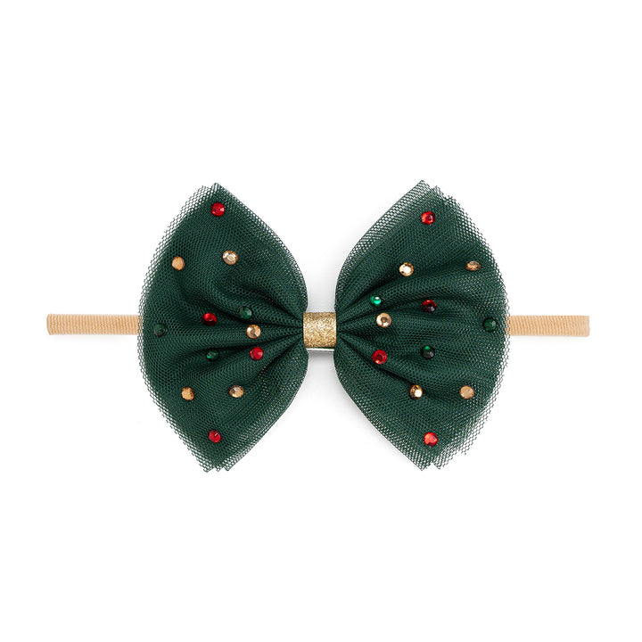 Rhinestone Christmas Tulle Bow Baby Headband | Emerald