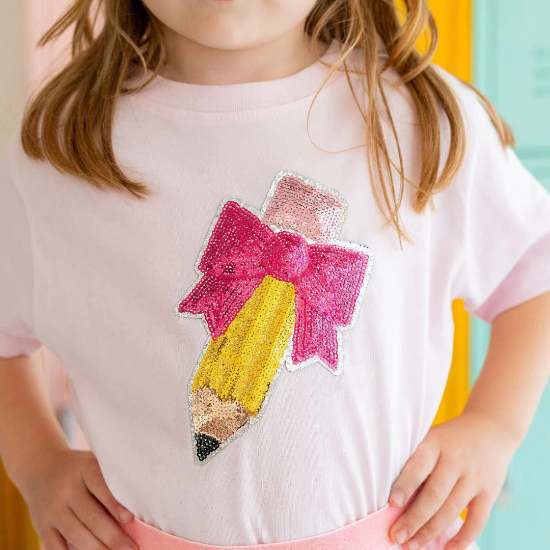 Sequin Patch Short Sleeve T-Shirt | Pencil Bow