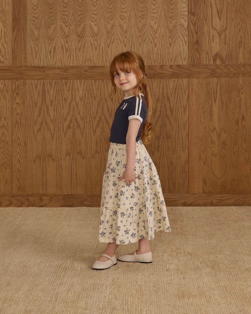 Ruffle Tiered Midi Skirt | Blue Floral