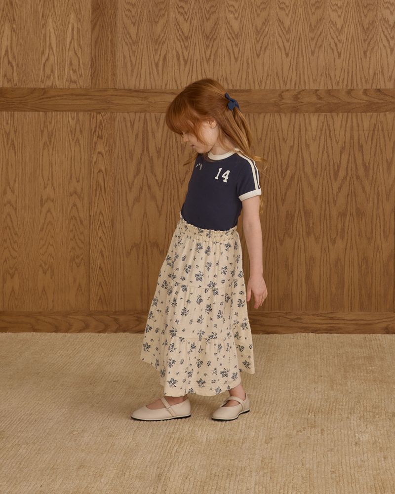 Ruffle Tiered Midi Skirt | Blue Floral