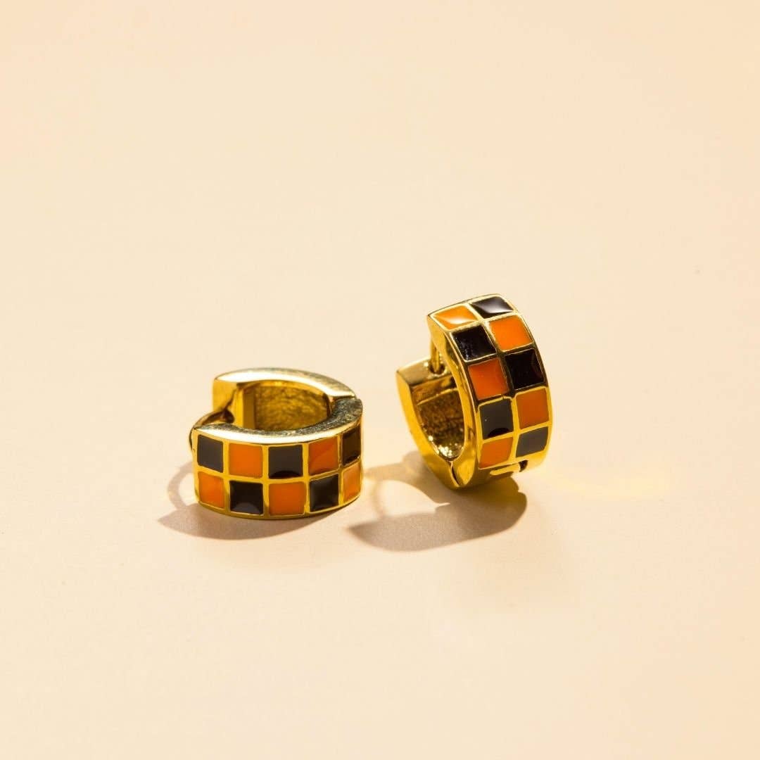 Checkered Enamel Huggie Earrings | Black and Orange