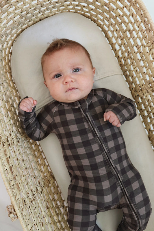 Ribbed Zip Pajamas | Chestnut Gingham