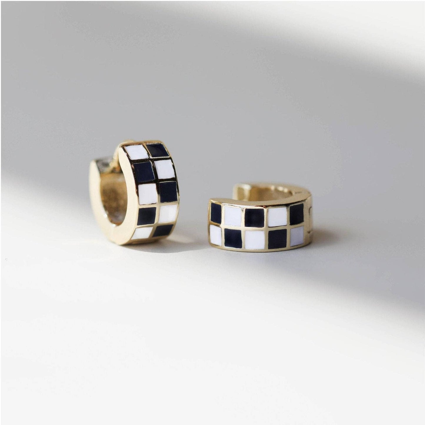 Black & White Checkered Enamel Huggie Earrings: Gold