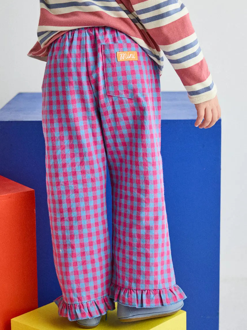 Gingham Ruffle Hem Pant | Pink & Blue