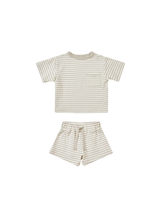 Boxy Pocket Tee+Short Set I Ash Stripe