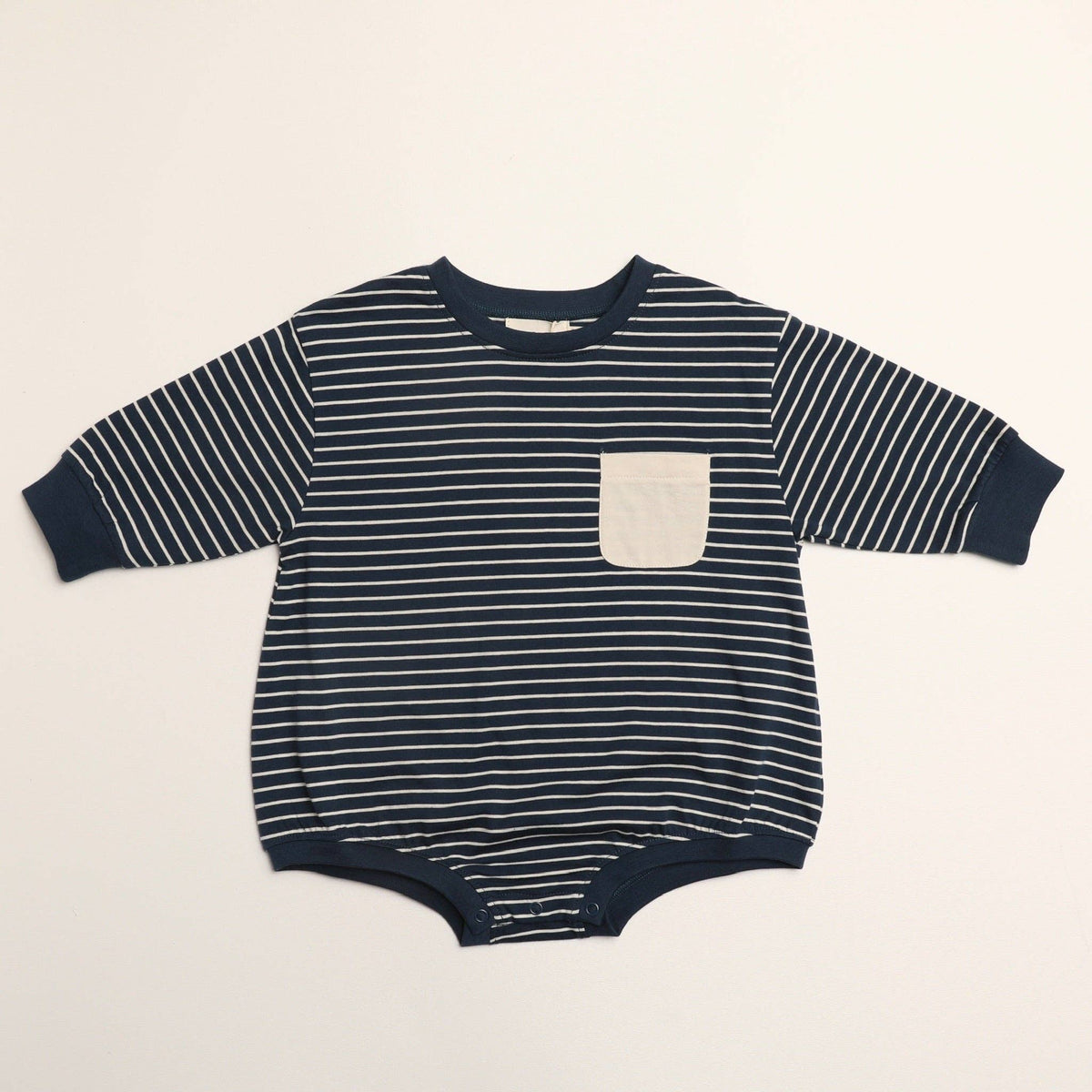 Harley Pocket Romper | Thin Deep Blue Stripe