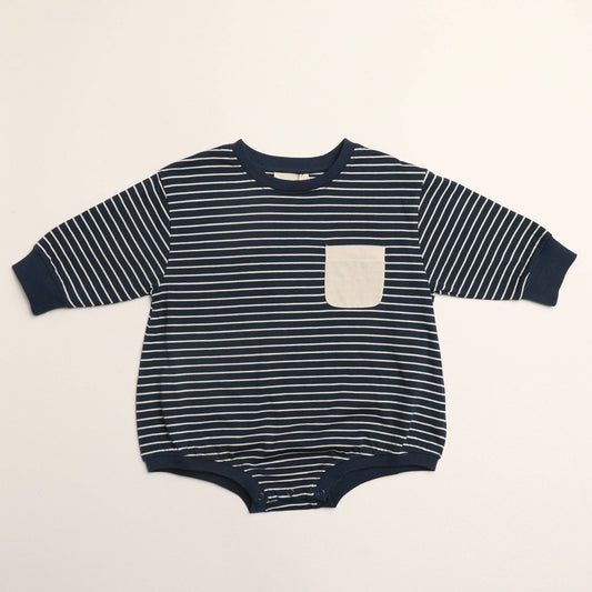 Harley Pocket Romper | Thin Deep Blue Stripe