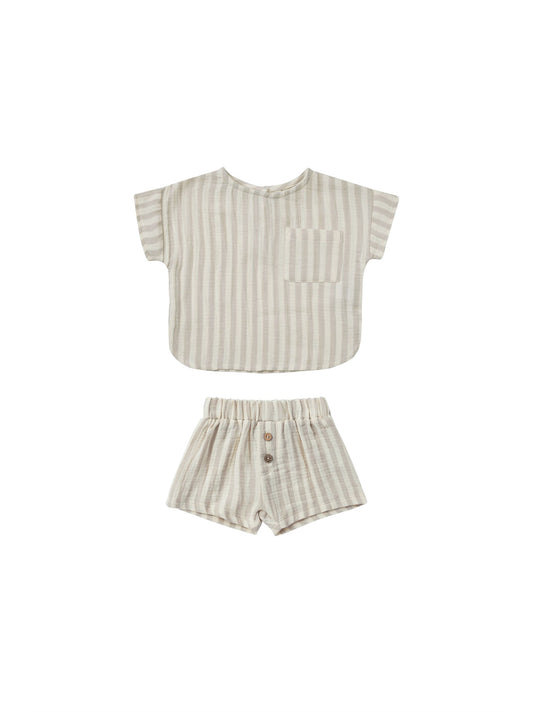 Woven Boxy Top+Short Set I Ash Stripe