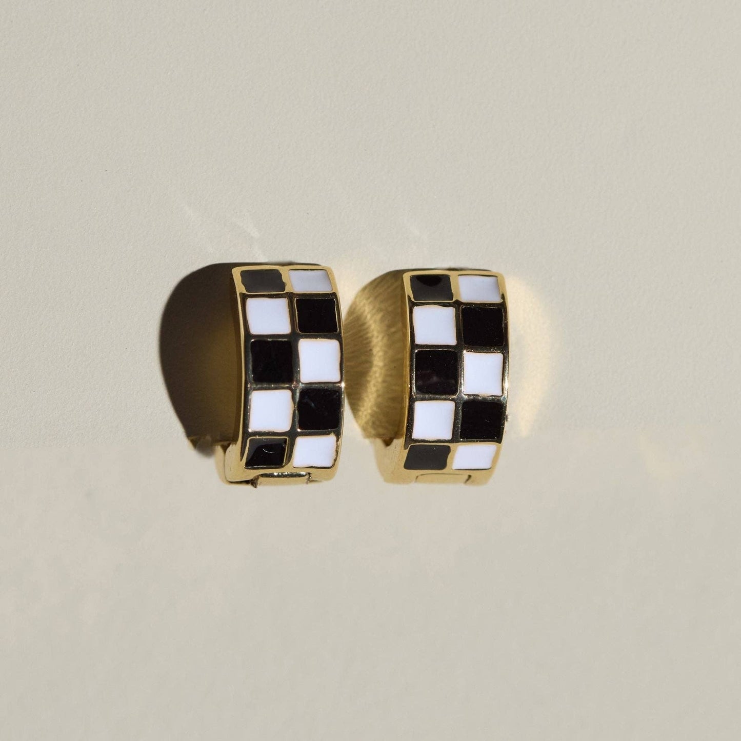 Black & White Checkered Enamel Huggie Earrings: Gold