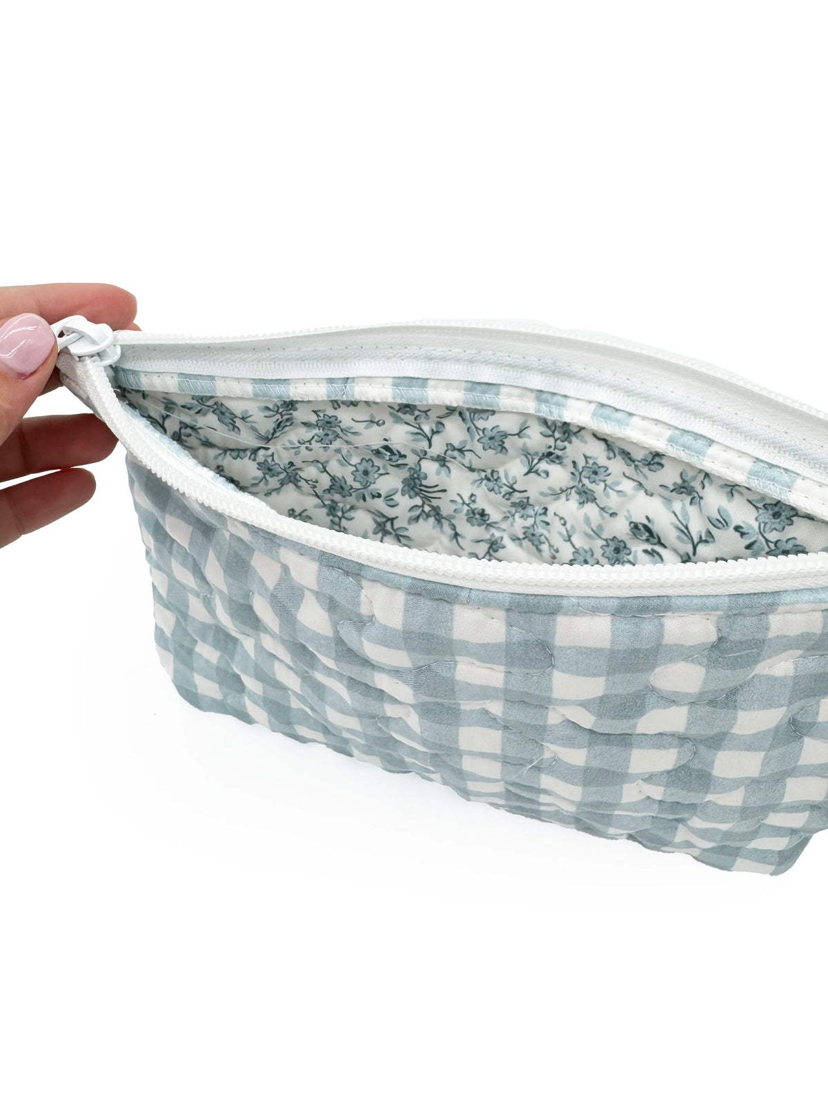 Small Quilted Makeup Bag | Blue Anthia Gingham