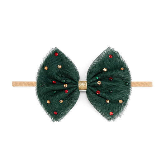 Rhinestone Christmas Tulle Bow Baby Headband | Emerald