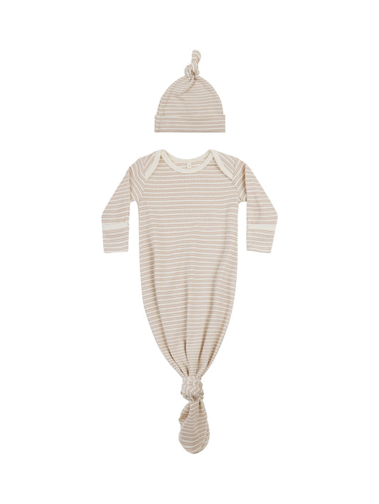 Knotted Baby Gown + Hat Set I Oat Stripe