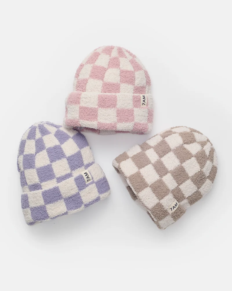 Checkers Fuzzy Beanie | Ash Rose