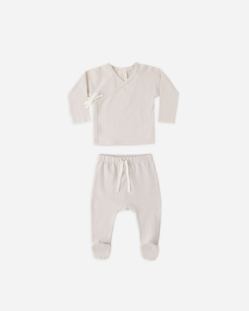 Wrap Top + Footed Pant Set | Oat Micro Stripe