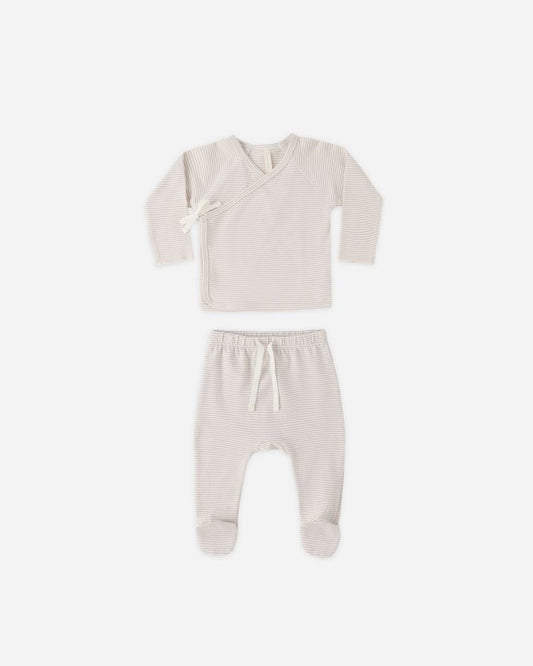 Wrap Top + Footed Pant Set | Oat Micro Stripe