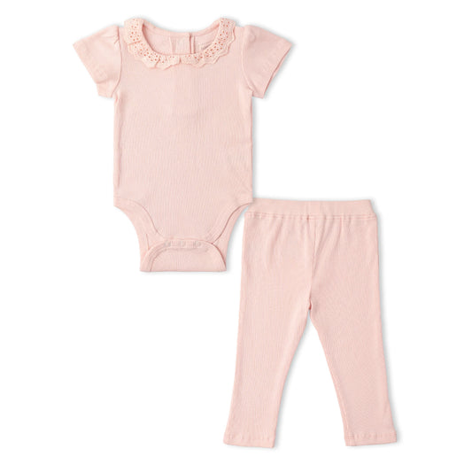 Organcic Lace Collar Onesie & Tight Set | Blush