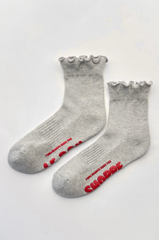 Ruffled Hugger Crew Socks | Grey/Red