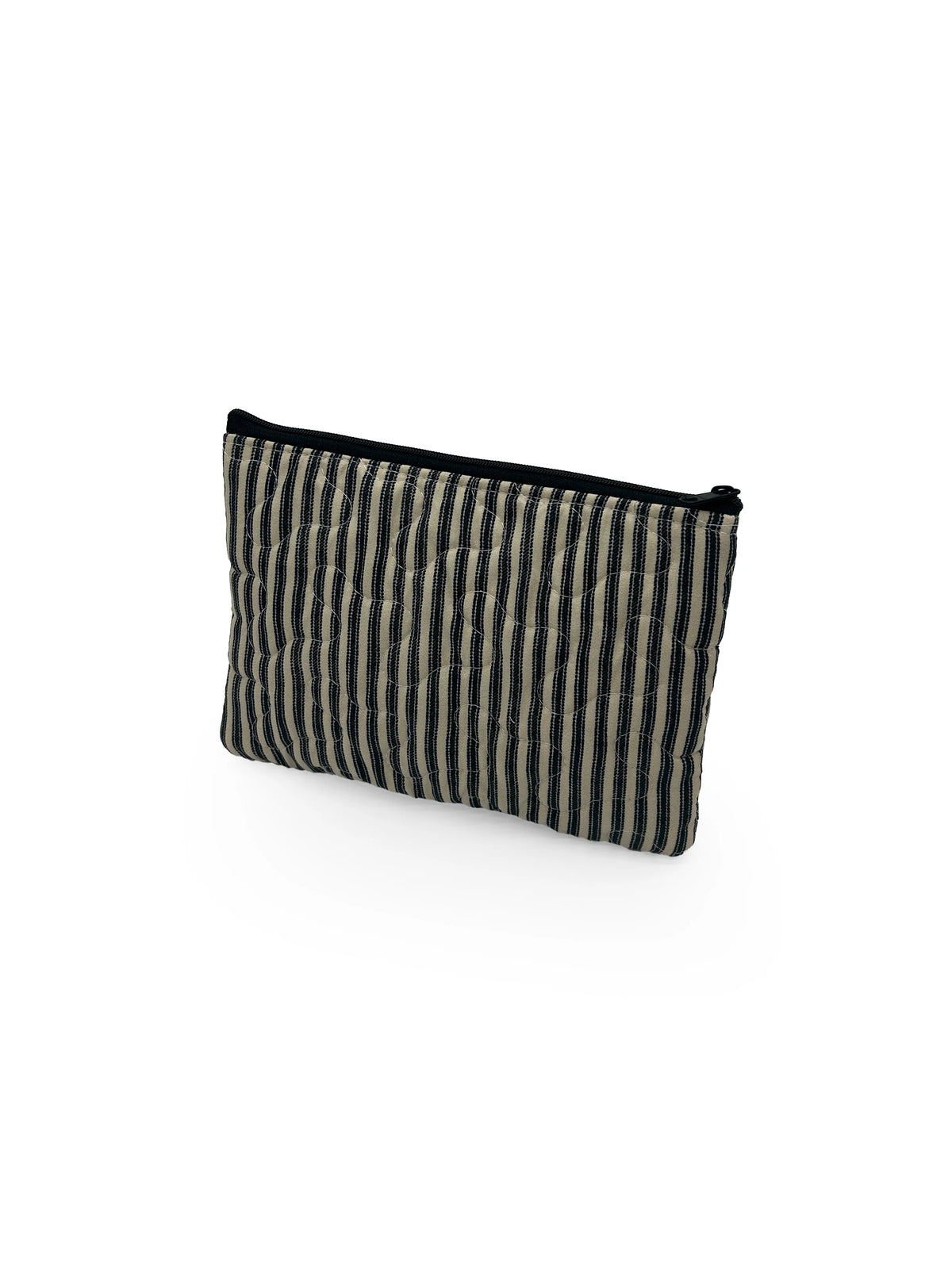 Small Quilted Makeup Bag | Linen/Black Ticking Stripe