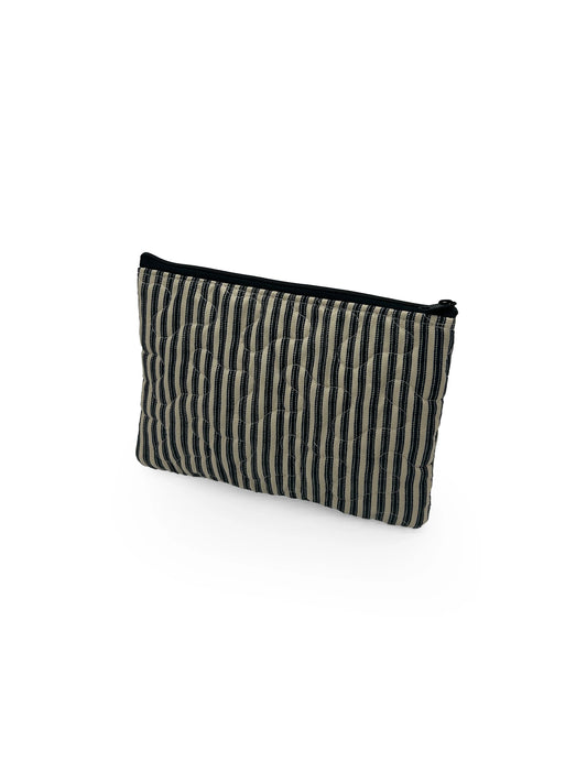 Small Quilted Makeup Bag | Linen/Black Ticking Stripe