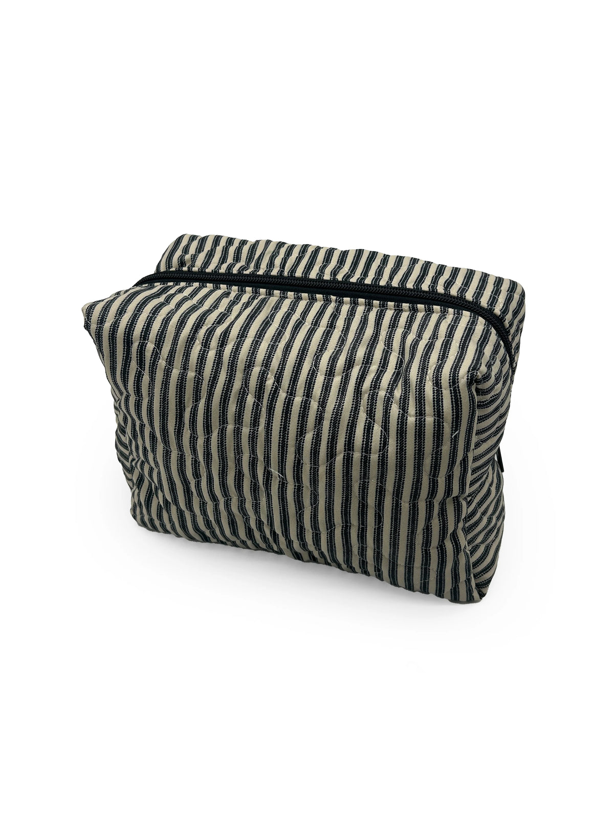 Large Quilted Makeup Bag | Linen/Black Ticking Stripe