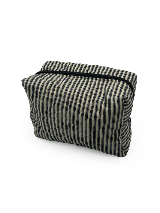 Large Quilted Makeup Bag | Linen/Black Ticking Stripe