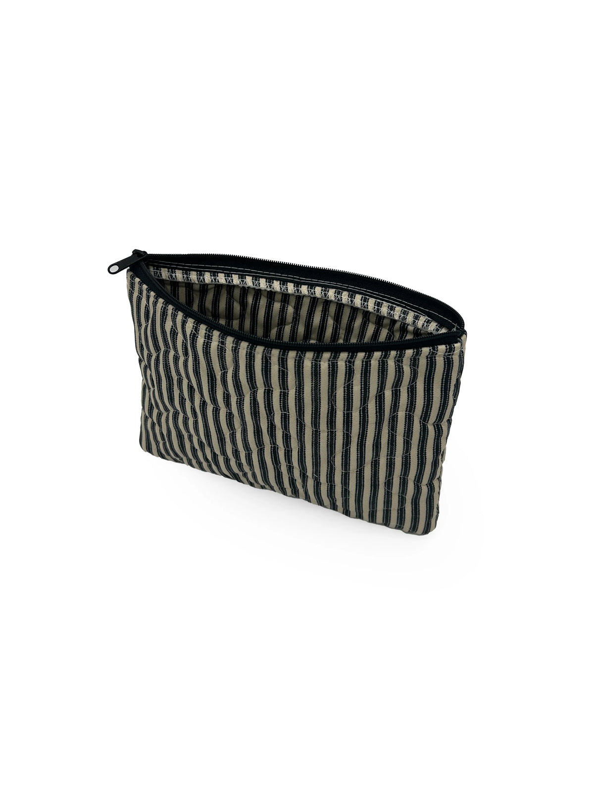 Small Quilted Makeup Bag | Linen/Black Ticking Stripe