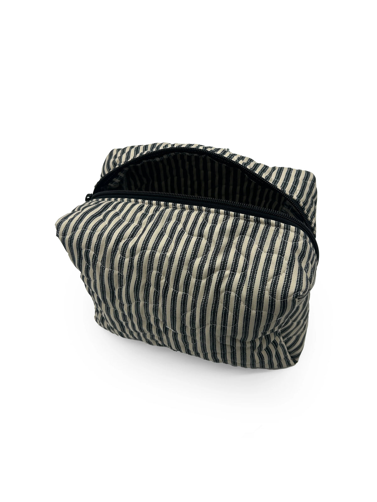 Large Quilted Makeup Bag | Linen/Black Ticking Stripe