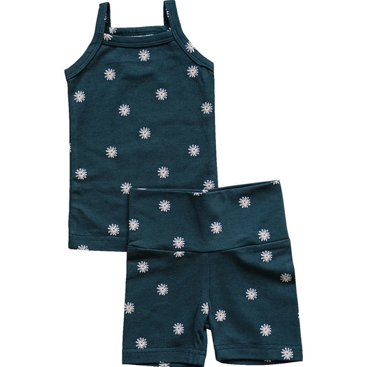 Tank + Biker Short Set I Navy Daisies