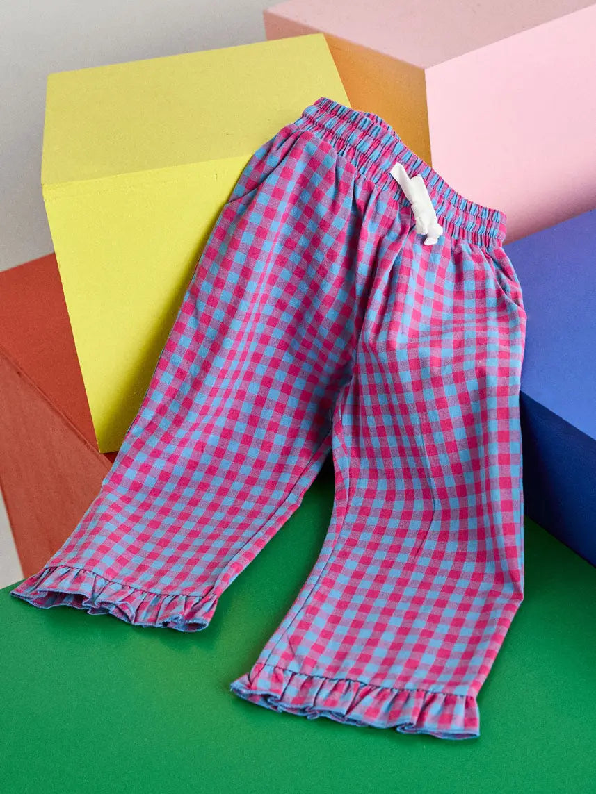 Gingham Ruffle Hem Pant | Pink & Blue