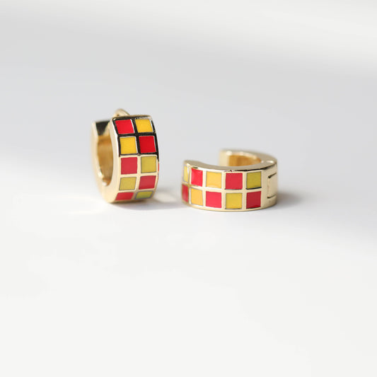 Checkered Enamel Huggies | Red & Yellow