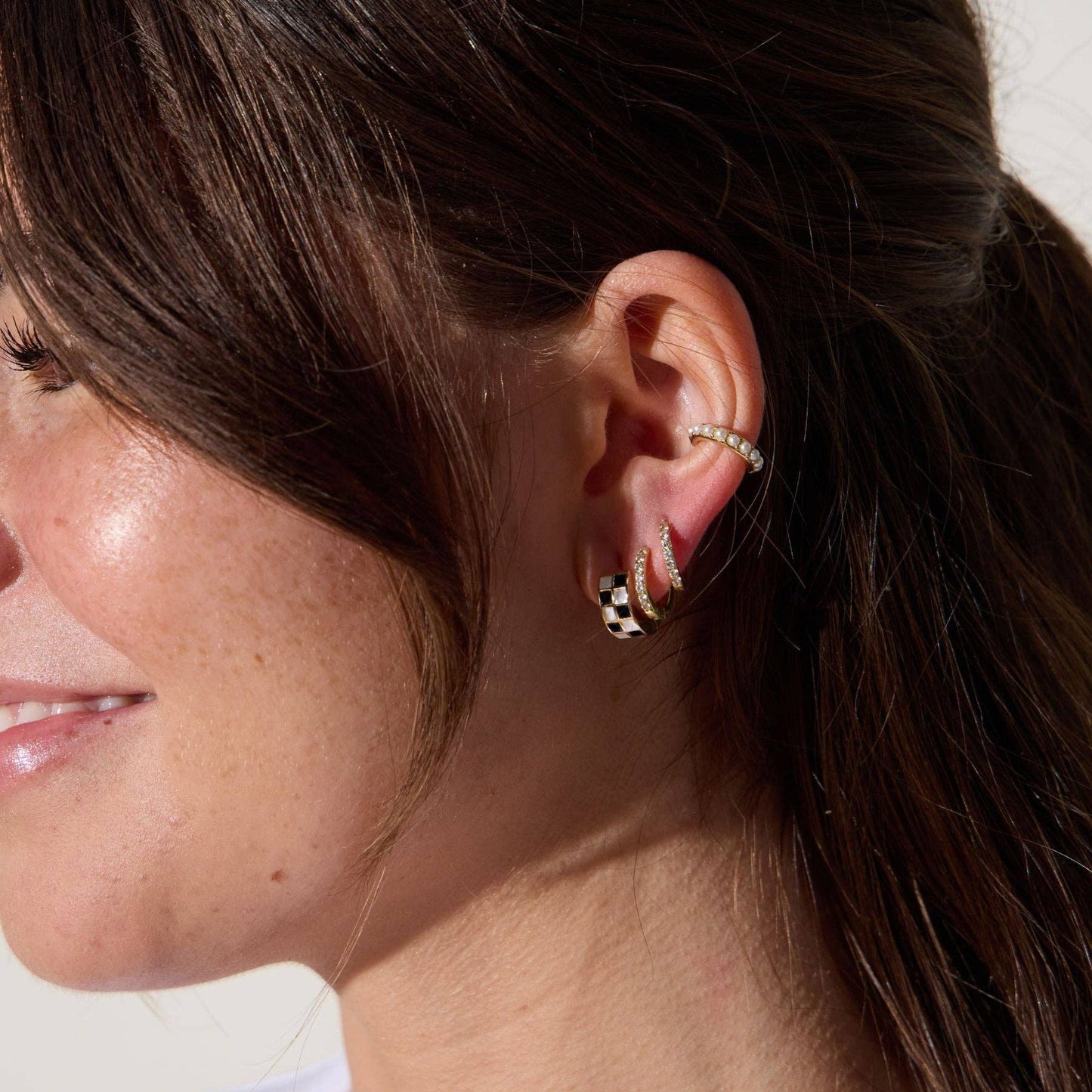 Black & White Checkered Enamel Huggie Earrings: Gold