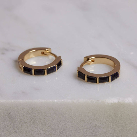 Black Crystal Baguette Huggies: Gold