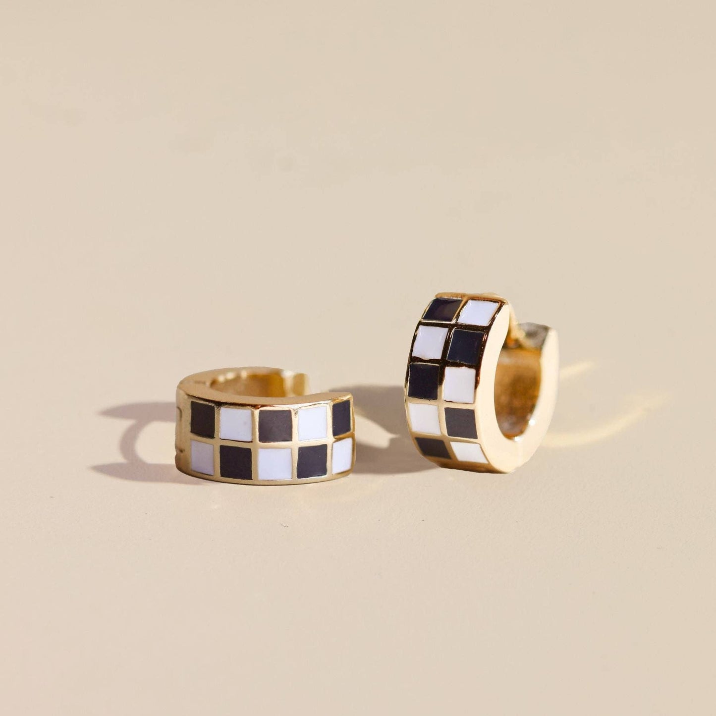 Black & White Checkered Enamel Huggie Earrings: Gold