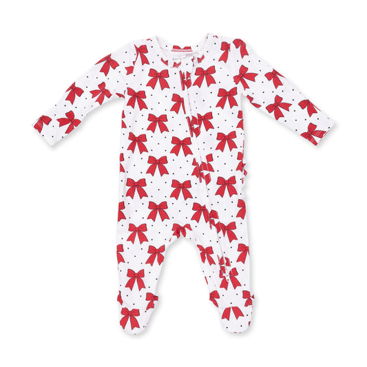 Ruffle Back Zipper Footie | Festive Bows
