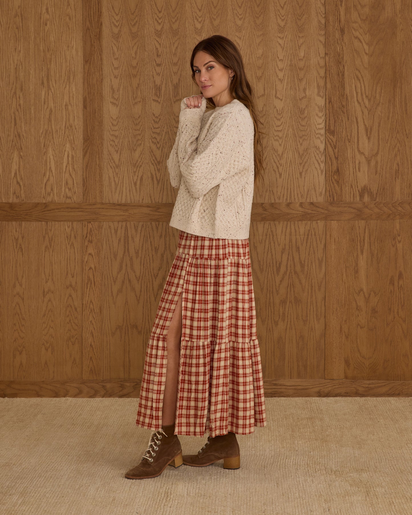Tiered Midi Skirt || Red Plaid