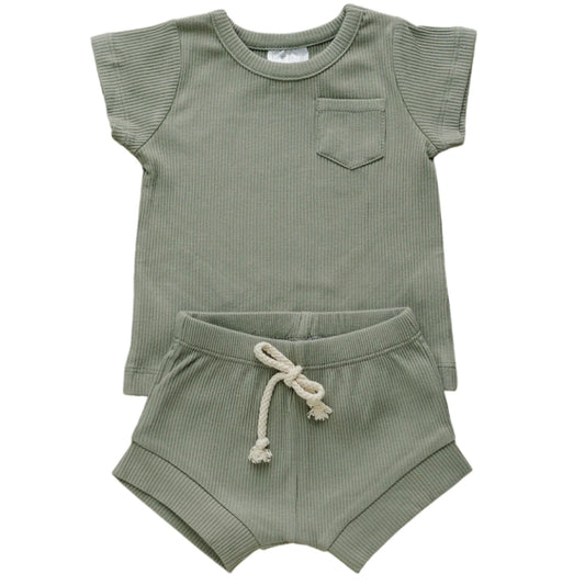 Cotton Ribbed Short Set | Green